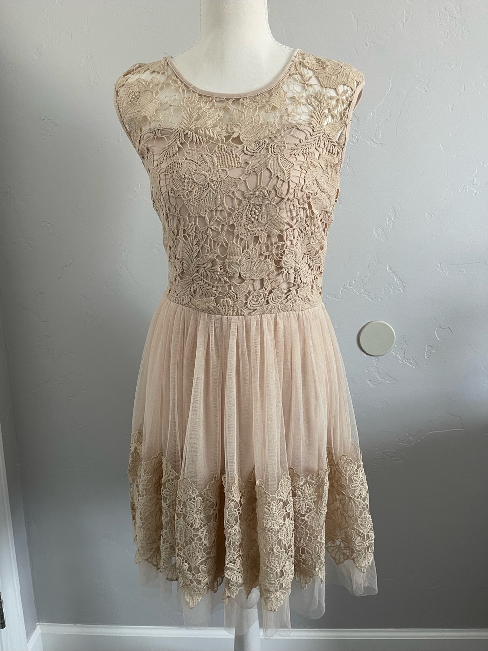 Lace Bodice Tulle Skirt Dress in tan